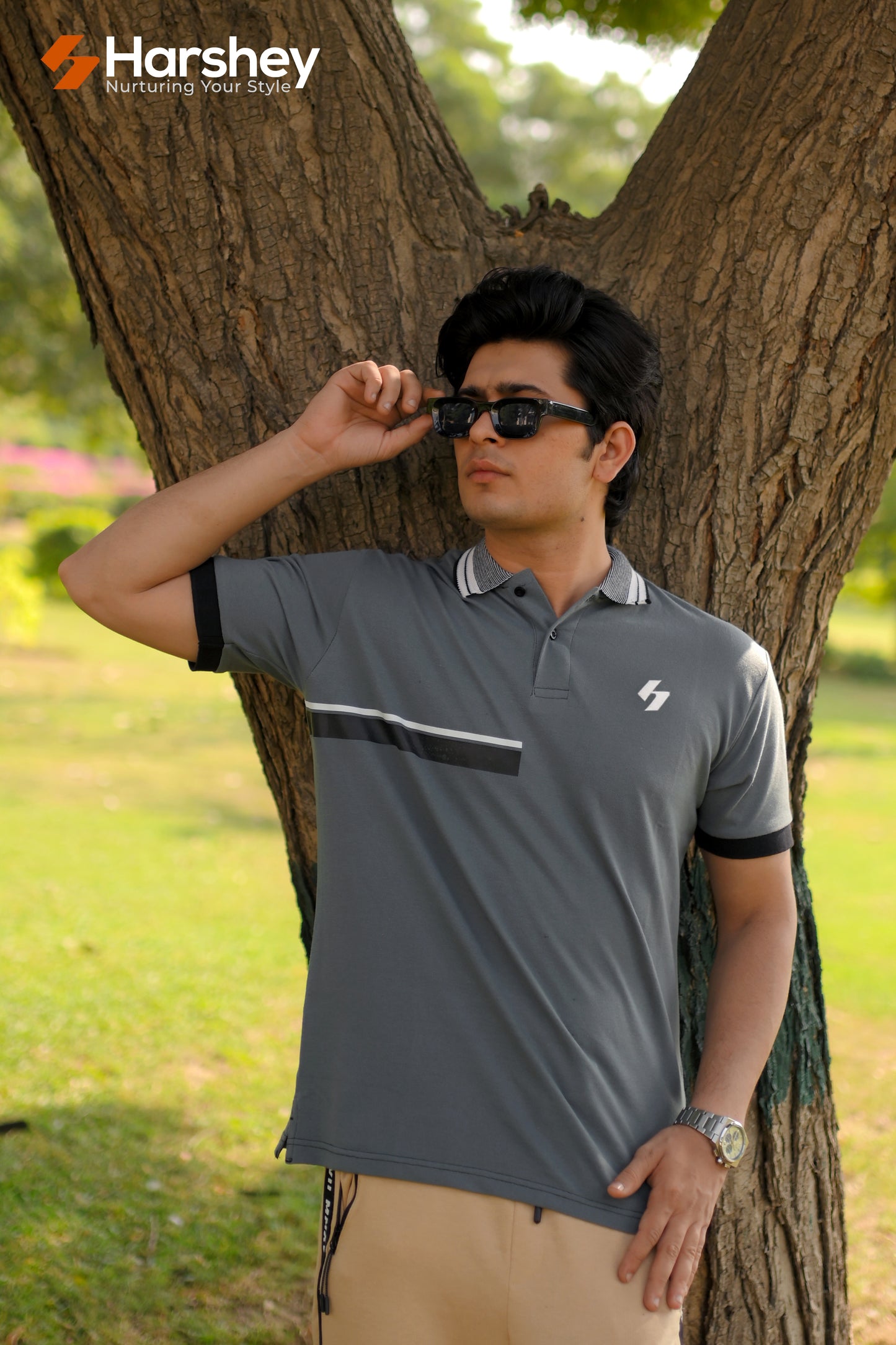 Classic Dark Grey Polo with white and grey Collar