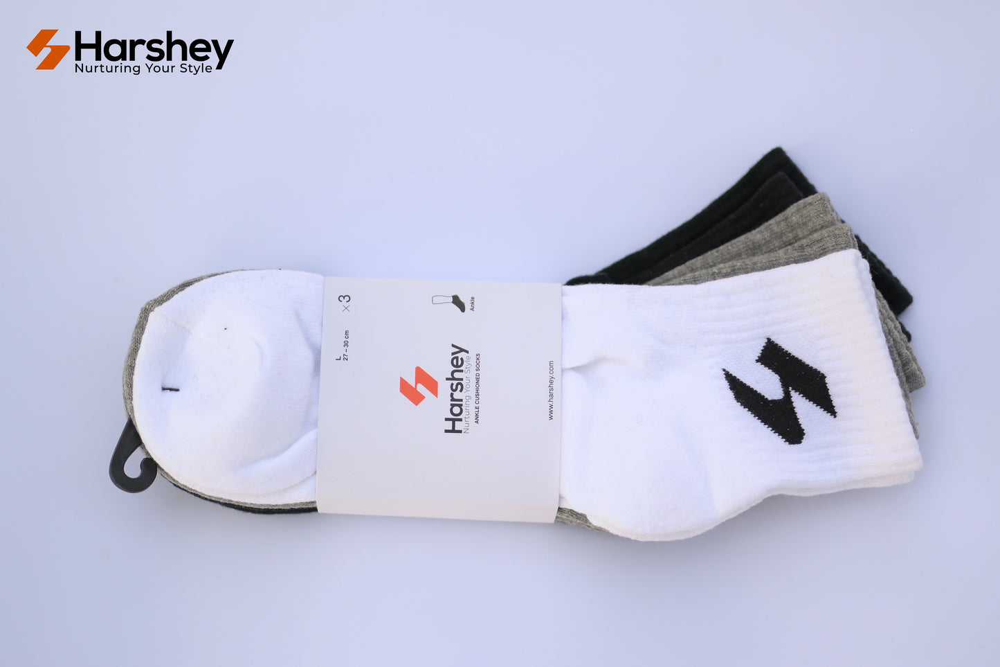 Pack of Three ankle cushioned socks. Three colors, white, grey and black