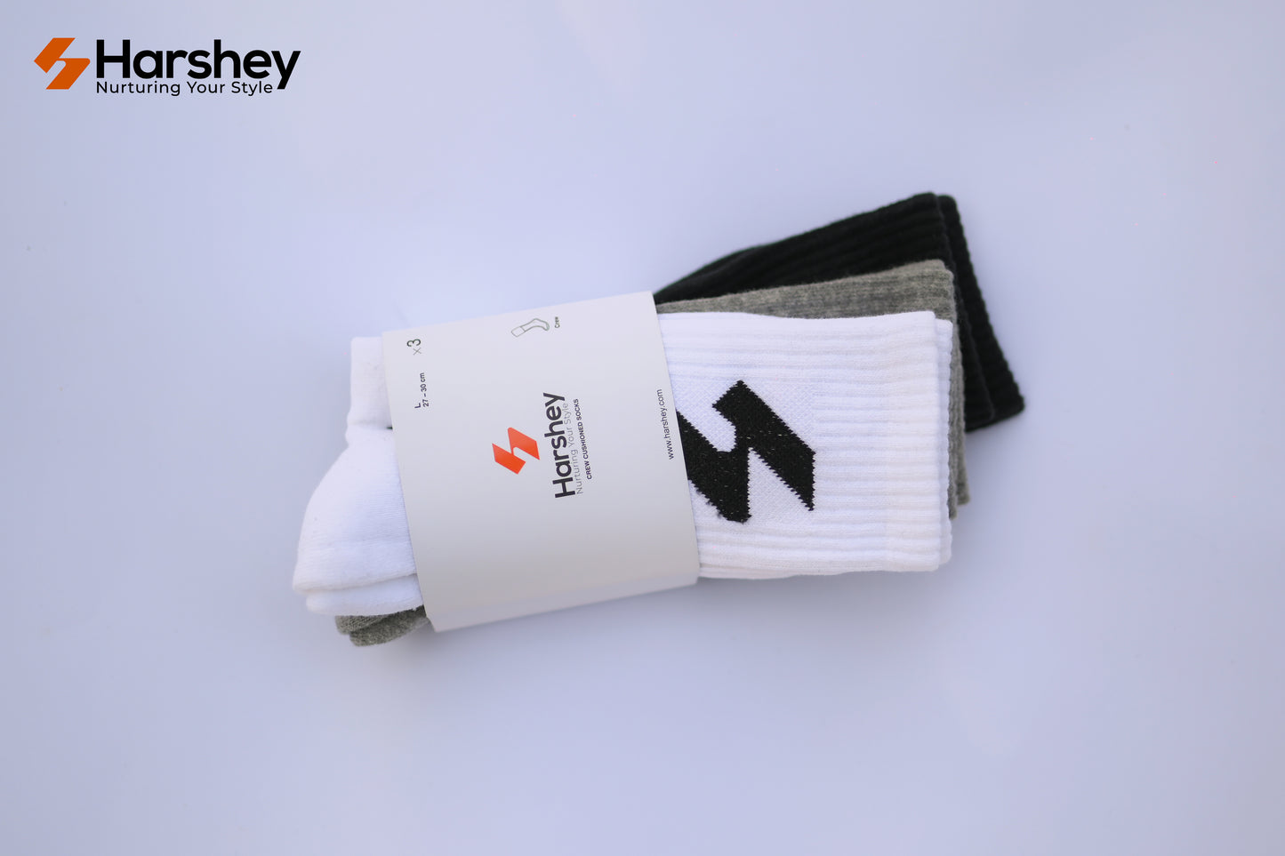 Pack of Three crew cushioned socks. White, Grey and Black Color