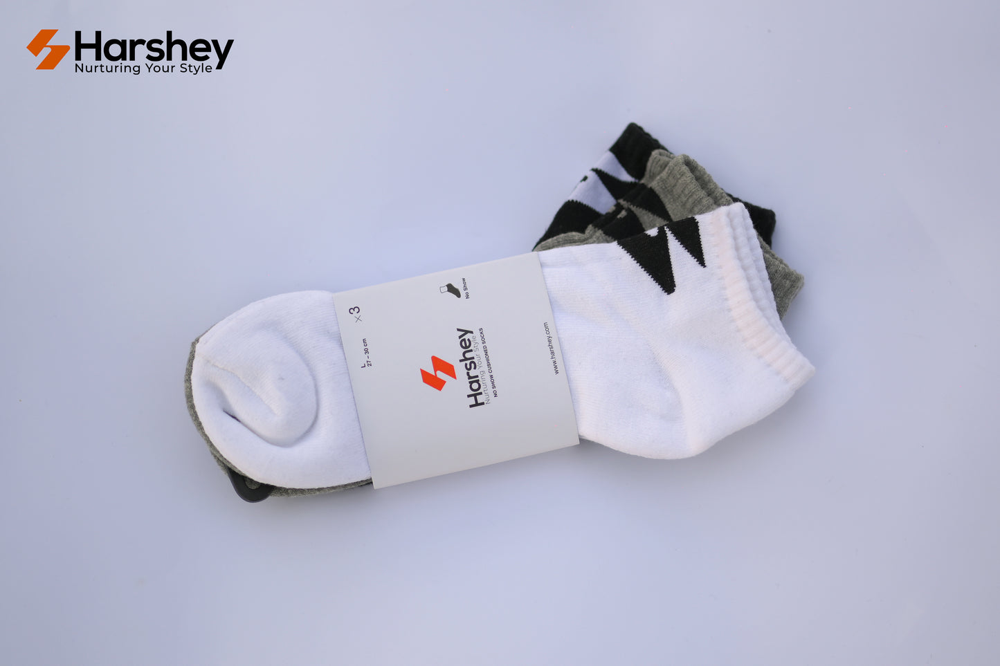 Pack of Three No Show cushioned socks. White, Grey and Black