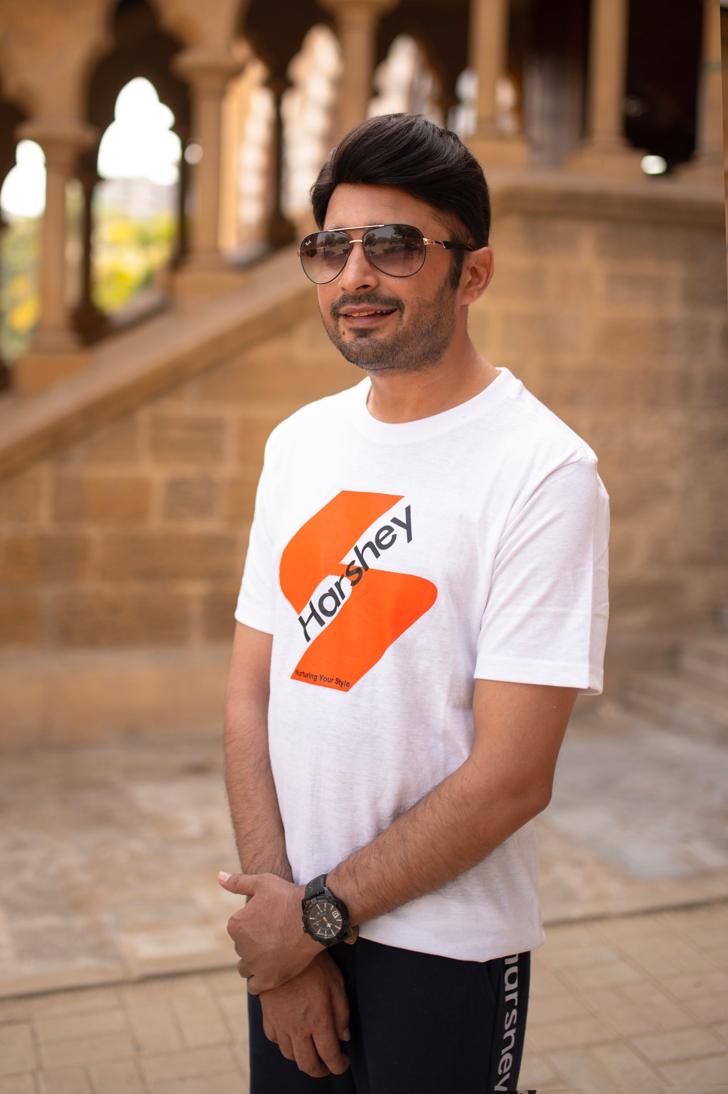 Crisp Cotton Tee in White with Bold Harshey Logo