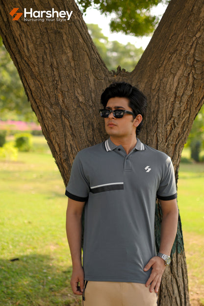 Classic Dark Grey Polo with white and grey Collar