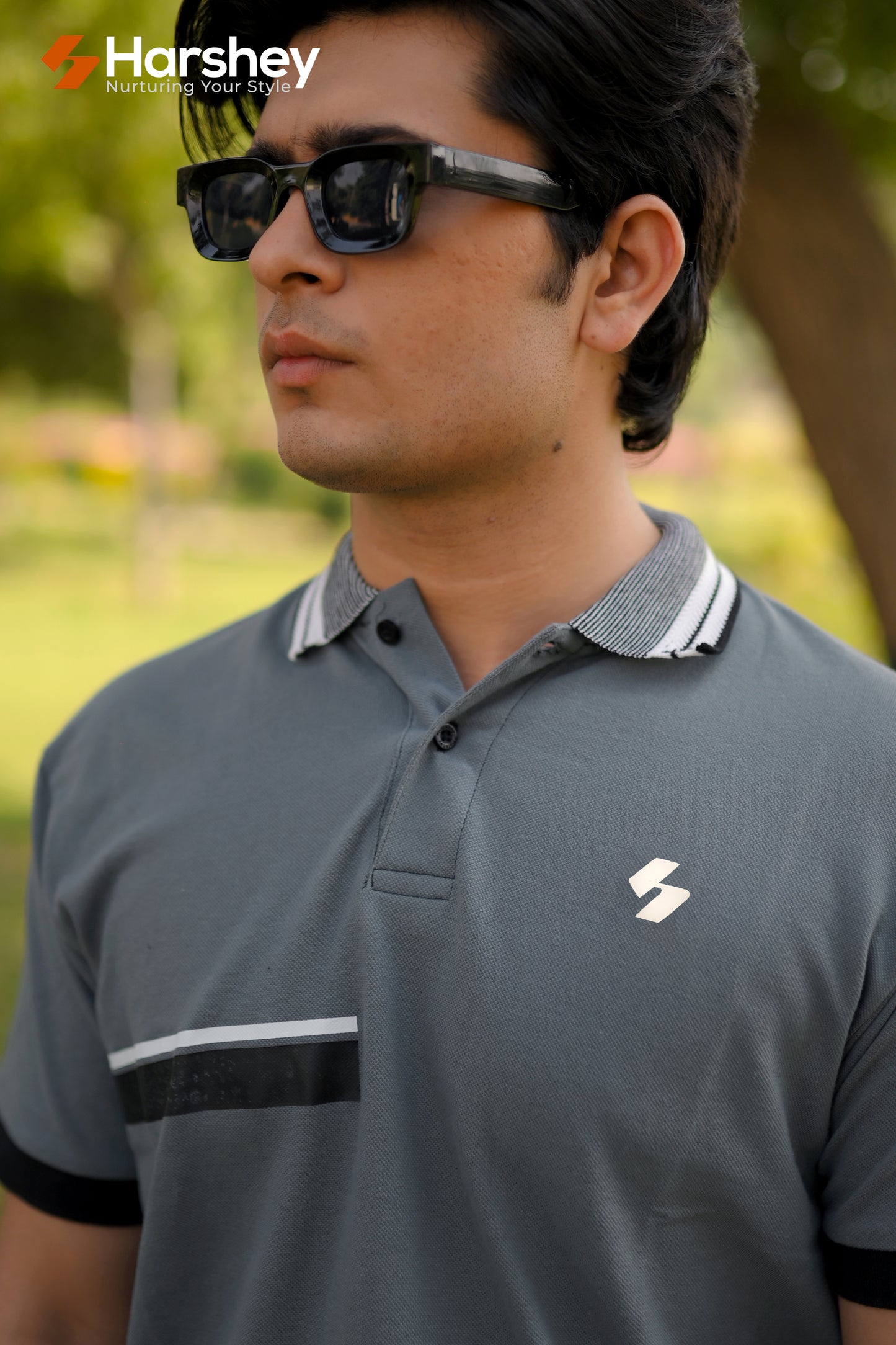 Classic Dark Grey Polo with white and grey Collar
