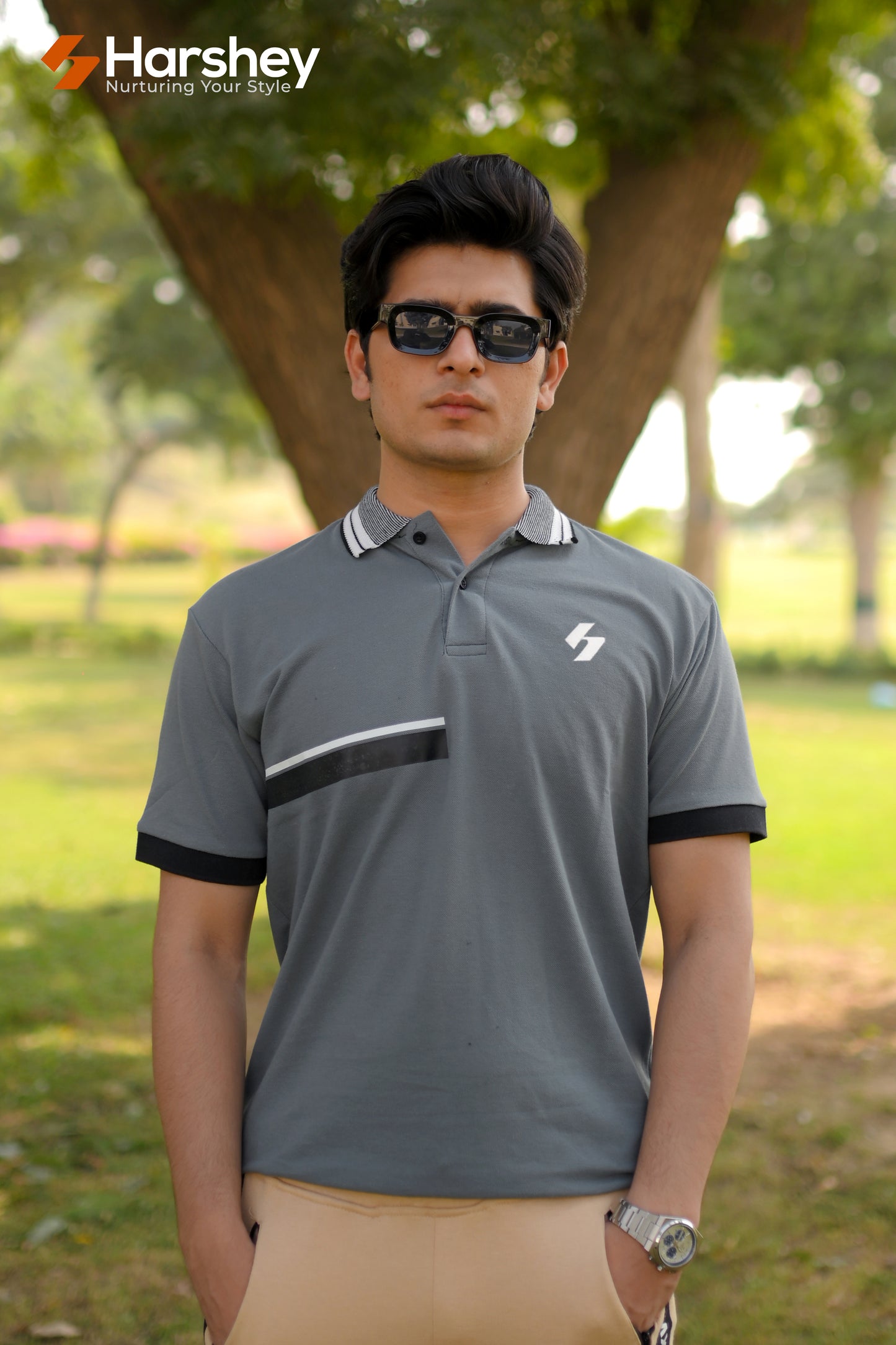 Classic Dark Grey Polo with white and grey Collar