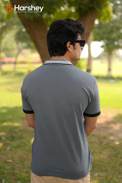 Classic Dark Grey Polo with white and grey Collar