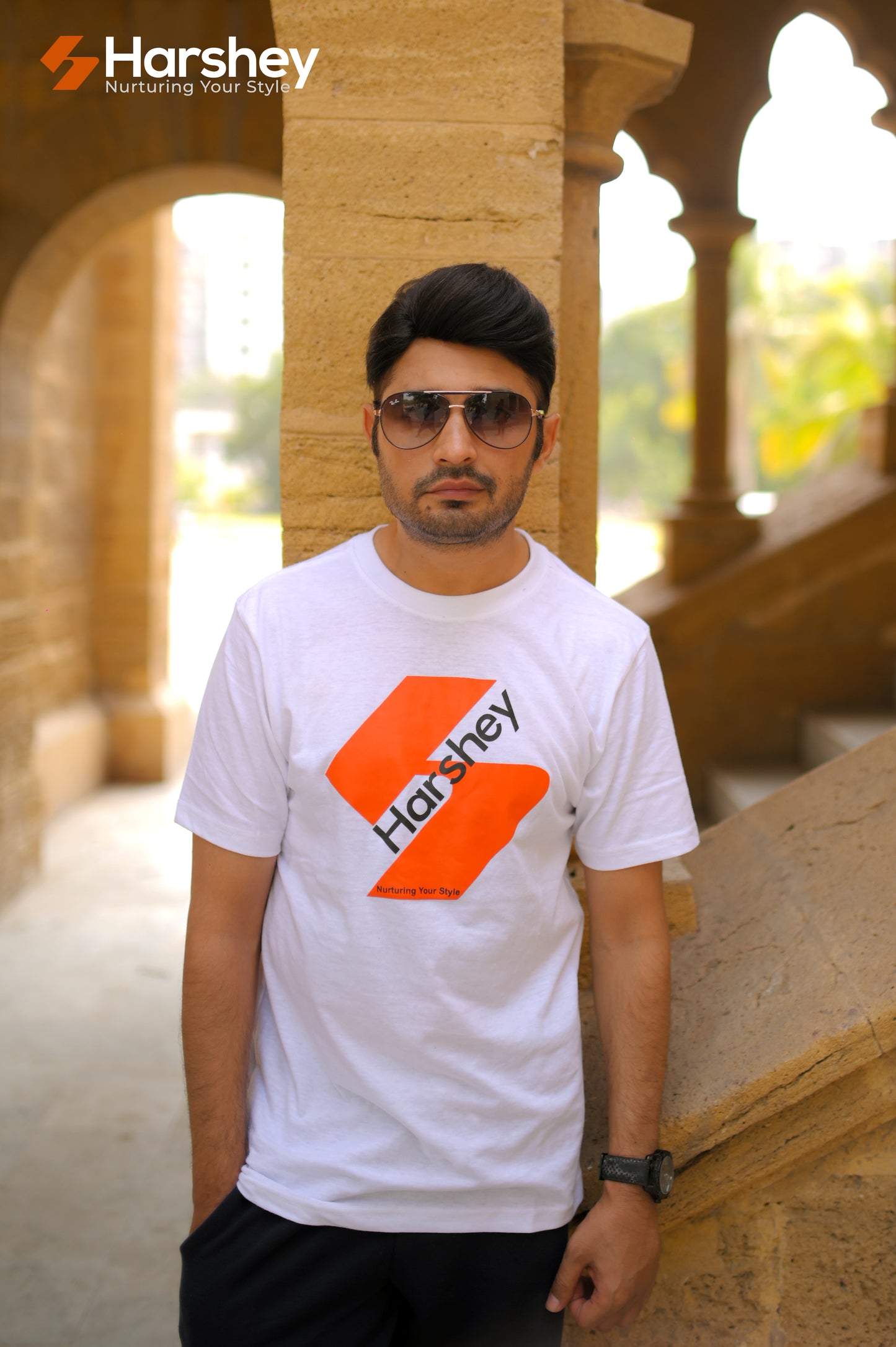 Crisp Cotton Tee in White with Bold Harshey Logo