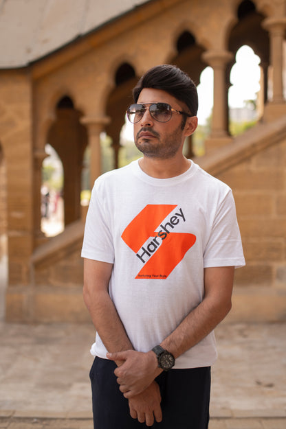 Crisp Cotton Tee in White with Bold Harshey Logo