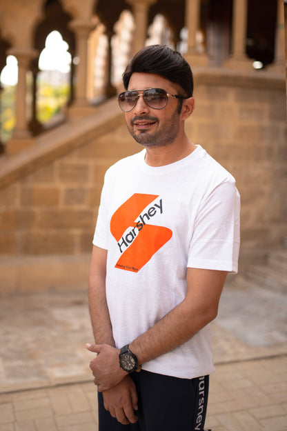 Crisp Cotton Tee in White with Bold Harshey Logo