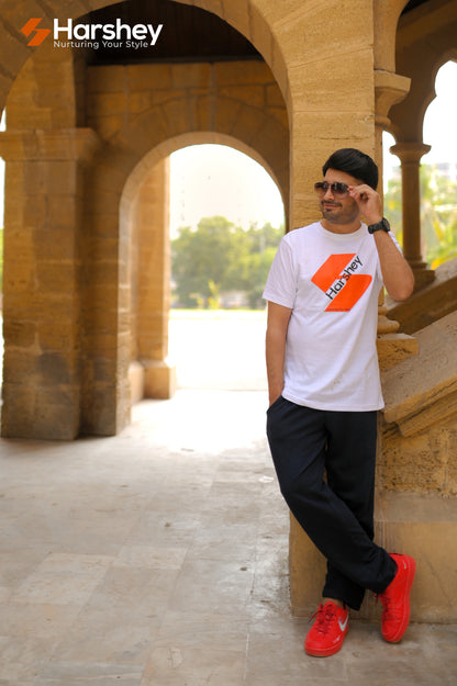 Crisp Cotton Tee in White with Bold Harshey Logo